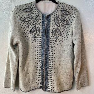 Vtg Gray Cashmere Lambswool Angora Beaded Sequin Cardigan 50s 60s Womens 38